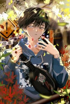 1boy bead_necklace beads black_bag black_eyes black_hair blue_hoodie choppy_bangs commentary_request ear_piercing flower grey_eyes hair_between_eyes hands_up heterochromia highres hood hood_down hoodie jewelry long_sleeves looking_at_viewer male_focus necklace original parted_lips piercing red_flower road_sign sahi00000 short_hair sign solo spider_lily upper_body