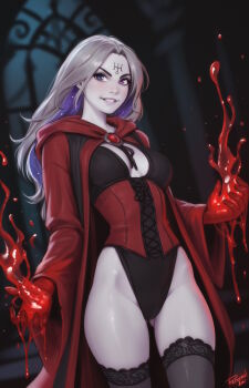 1girl black_leotard black_thighhighs blue_eyes breasts cloak colored_inner_hair commentary corset english_commentary evil_grin evil_smile facial_mark forehead_mark gluteal_fold grey_hair grin heterochromia highleg highleg_leotard highres hood hooded_cloak leotard long_hair long_sleeves looking_at_viewer magic medium_breasts multicolored_hair original parted_lips personal_ami pink_eyes purple_hair red_cloak smile solo thighhighs two-tone_hair