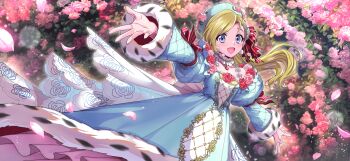 1girl blonde_hair blue_dress blue_eyes blurry blurry_background cherry_blossoms code_geass code_geass:_fukkatsu_no_lelouch code_geass:_lost_stories dress f4samurai flower game_cg highres long_hair looking_at_viewer margaret_walpole official_art petals pink_flower red_flower red_ribbon ribbon solo