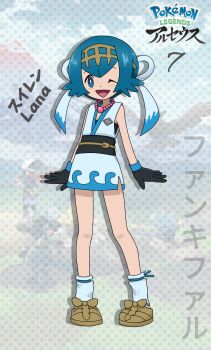 1girl alternate_costume ankle_socks armpit_crease arms_at_sides bare_shoulders black_gloves blue_eyes blue_hair blue_kimono bow brown_sandals character_name fankifalu female_focus flat_chest full_body gloves hair_ornament hair_ribbon happy highres japanese_clothes japanese_text jewelry kimono knees lana_(pokemon) large_bow legs looking_at_viewer loose_socks matching_hair/eyes necklace nintendo obi one_eye_closed open_mouth pearl_necklace pigeon-toed pokemon pokemon_legends:_arceus pokemon_sm ribbon sandals sarashi sash short_hair short_kimono sidelocks sleeveless sleeveless_kimono socks standing thighs wink
