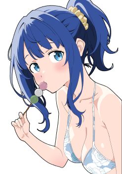 1girl absurdres bikini blue_eyes blue_hair breasts cleavage collarbone commentary_request dango eating food high_ponytail highres large_breasts looking_at_viewer make_heroine_ga_oo_sugiru! matsuokalive10 ponytail simple_background solo strap_gap swimsuit upper_body wagashi white_background yanami_anna