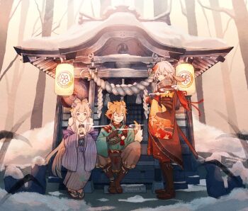 1girl 2boys ^_^ animal_ears antenna_hair architecture armor artist_name bare_tree black_footwear black_gloves blue_kimono blunt_bangs blush boots brown_hair closed_eyes closed_mouth commentary crossed_bangs cup dog_boy dog_ears dog_tail east_asian_architecture english_commentary eyelashes floating_hair flower forest fur-trimmed_kimono fur_trim genshin_impact gloves gorou_(genshin_impact) grey_pants grin hair_between_eyes hair_flower hair_ornament hand_up hands_up haori highres holding holding_cup japanese_armor japanese_clothes kaedehara_kazuha kimono lantern leaf_print long_hair long_sleeves looking_at_viewer looking_to_the_side low_ponytail maple_leaf_print mitsudomoe_(shape) multicolored_hair multiple_boys nature outdoors pants paper_lantern pink_hair plaid_clothes plaid_scarf pom_pom_(clothes) ponytail purple_eyes purple_flower purple_kimono red_eyes red_hair rock rope sandals sangonomiya_kokomi scarf shide shimenawa short_hair shoulder_armor shrine sidelocks sitting smile snow socks sode standing steam streaked_hair striped_clothes striped_kimono tabi tail tassel tomoe_(symbol) tree twitter_username velvet_kt vertical-striped_clothes vertical-striped_kimono very_long_hair white_hair white_socks wide_sleeves winter yunomi zouri