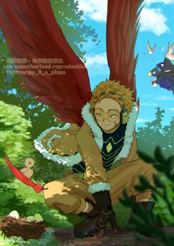 2boys animal_head baby_animal beak beard_stubble bird bird_nest black_shirt blonde_hair boku_no_hero_academia boots brown_footwear brown_gloves brown_jacket brown_pants chick cloud commentary_request dark_shadow egg eyes_visible_through_eyewear facial_hair facial_mark falling_feathers feathers flying forked_eyebrows full_body fur-trimmed_jacket fur_trim gloves goggles hawks_(boku_no_hero_academia) headphones highres holding jacket male_focus multiple_boys on_branch outdoors p_0_a pants red_feathers red_wings scar scar_on_face shirt short_hair sky squatting stubble teardrop tinted_eyewear tokoyami_fumikage tree twitter_username wings yellow-tinted_eyewear