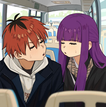 1boy 1girl alternate_costume black_hair blunt_bangs blush bus_interior closed_eyes commentary contemporary english_commentary fatzhai fern_(sousou_no_frieren) highres multicolored_hair orange_hair puckered_lips purple_hair roots_(hair) sidelocks sousou_no_frieren stark_(sousou_no_frieren) sweatdrop you're_doing_it_wrong