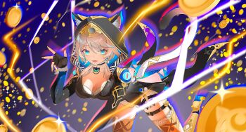 Rule 34 | 1girl, :d, animal ears, aqua eyes, black gloves, blue eyes, boots, breasts, cat ears, cat girl, cat tail, chinese commentary, choker, cipher (honkai: star rail), cleavage, coin, commentary request, fingerless gloves, full body, gloves, gold, hand up, highres, honkai: star rail, honkai (series), hood, hood up, laodeng touzi, large breasts, looking at viewer, medium breasts, open mouth, short hair, smile, solo, tail, thigh boots, thigh strap, thighhighs, v, white hair