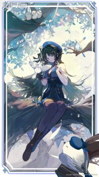 1girl absurdres bare_shoulders beret black_eyes black_gloves black_hair black_pantyhose black_skirt blue_hat breasts closed_mouth copyright_notice full_body gloves hat high-waist_skirt highres in_tree long_hair medium_breasts missing_commentary official_art pantyhose qinghejunzi second-party_source single_glove sitting skirt smile solo tacet_mark_(wuthering_waves) tree very_long_hair wuthering_waves yangyang_(bird)_(wuthering_waves) yangyang_(wuthering_waves)