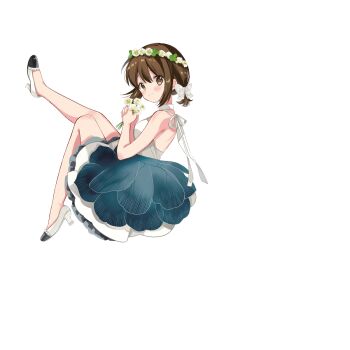 Rule 34 | 1girl, bow, brown hair, dress, facing to the side, facing viewer, flower, from side, full body, hair bow, hara yui, head wreath, highres, higurashi kana, holding, holding flower, kin-iro mosaic, leg up, looking at viewer, looking to the side, official alternate costume, official alternate hairstyle, official art, ribbon, shoes, short hair, simple background, sleeveless, sleeveless dress, solo, transparent background, white bow, white flower, white ribbon, white shoes