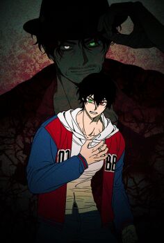 2boys adam's_apple adjusting_clothes adjusting_headwear amayado_rei arm_at_side beard_stubble belt belt_buckle black_belt black_hair blue_jacket blue_pants buckle cheekbones clenched_teeth coat coat_on_shoulders collarbone collared_shirt commentary_request cowboy_shot denim facial_hair father_and_son fedora film_grain fingernails glaring glowing glowing_eyes green_eyes hair_between_eyes hand_on_own_chest hand_up hat hatching_(texture) heterochromia highres hood hood_down hoodie hypnosis_mic jacket jacket_over_hoodie jeans jewelry letterman_jacket light_smile linear_hatching long_sleeves looking_at_viewer male_focus mature_eyes mature_male mcyeoneo mole mole_under_eye multiple_boys mustache_stubble open_clothes open_jacket pants partially_unzipped projected_inset red_eyes red_jacket red_shirt ring scar scar_across_eye scar_on_face shirt short_hair silver_ring spoilers stubble teeth thumb_ring v-shaped_eyebrows very_short_hair vignetting wavy_hair white_eyes white_hoodie wrinkled_skin yamada_ichiro