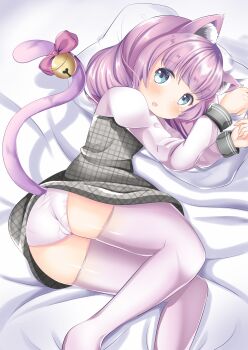 1girl absurdres animal_ear_fluff animal_ears ass bell blue_eyes cat_ears cat_girl cat_tail commentary_request hajime_yo highres long_sleeves lying on_side original panties purple_hair purple_thighhighs ribbon short_hair solo tail tail_bell tail_ornament tail_ribbon thighhighs underwear