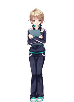 1girl brown_eyes brown_hair full_body girlfriend_(kari) holding_binder kubota_yuki looking_at_viewer official_art open_mouth qp:flapper shoes simple_background smile sneakers solo standing track_suit transparent_background