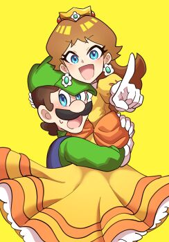 1boy 1girl blue_eyes brown_hair chest_jewel crown dress earrings facial_hair flipped_hair flower_earrings gloves hand_on_another's_head hat hug jewelry looking_at_viewer luigi mario_(series) mustache nintendo open_mouth orange_dress overalls pointing pointing_at_viewer princess_daisy puffy_short_sleeves puffy_sleeves short_sleeves sweat tomboy worried