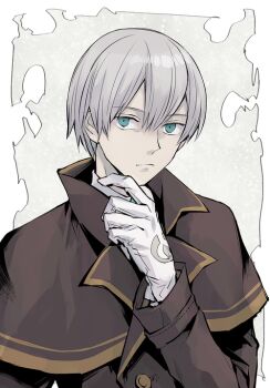 1boy blue_eyes brown_capelet brown_coat capelet closed_mouth coat commentary_request double-parted_bangs expressionless gloves grel_(r6hgvu5) grey_hair hair_between_eyes looking_at_viewer male_focus octopath_traveler octopath_traveler_ii short_hair solo temenos_mistral white_gloves