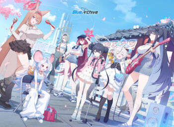 6+girls alternate_costume animal_ears baseball_cap blue_archive blue_sky boots closed_eyes cropped day denim denim_shorts denim_skirt dutch_angle electric_guitar english_text extra_ears fox_ears fox_girl guitar halo hat highres holding holding_guitar holding_instrument holding_maracas holding_microphone_stand holding_tambourine instrument jirai_kei juliet_sleeves kisaki_(blue_archive) knee_boots kneehighs kokona_(blue_archive) long_hair long_sleeves looking_at_viewer maracas microphone microphone_stand midriff mina_(blue_archive) mouse_(animal) mouse_ears mouse_girl mouse_tail multiple_girls nezusuke_(blue_archive) official_art outdoors petals puffy_sleeves reijo_(blue_archive) rumi_(blue_archive) saya_(blue_archive) shoes short_sleeves shorts shun_(blue_archive) siblings sisters skirt sky sneakers socks tail tank_top third-party_edit tiger_ears tiger_girl