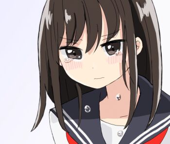 1girl animated animated_gif bad_id bad_tumblr_id black_sailor_collar blush brown_eyes brown_hair collarbone crying crying_with_eyes_open long_hair neckerchief original red_neckerchief sailor_collar school_uniform serafuku shirt simple_background solo tears white_background white_shirt yotsu_(dezaki)