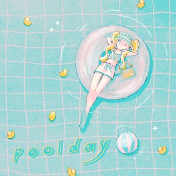 1girl ball beachball blonde_hair blue_background blue_eyes blue_shirt blue_visor closed_mouth crop_top dot_mouth full_body looking_at_viewer lying on_back one_eye_closed original pool_float rubber_duck ryokuno_green shirt shorts simple_background solo swimsuit white_shorts yellow_bag