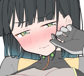 1girl averting_eyes blush bodysuit breasts closed_mouth commentary_request cosplay covered_collarbone embarrassed green_eyes grey_bodysuit hand_up highres large_breasts link!_like!_love_live! liz_(piyoko_piyop) love_live! momose_ginko momose_ginko_(gaming_event_cosplay) nose_blush official_alternate_costume portrait simple_background solo unfinished v-shaped_eyebrows virtual_youtuber white_background