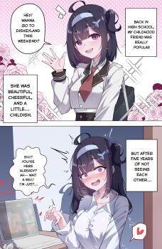 1girl absurdres ahoge black_hair blue_hairband blush breasts caught censored clover_dot_(clov_erd) collared_shirt commentary computer embarrassed english_commentary english_text hair_ornament hairband hand_up heart heavy_breathing highres implied_masturbation jacket laptop large_breasts long_hair long_sleeves looking_at_viewer mosaic_censoring nervous_smile open_mouth original parted_bangs purple_eyes shirt smile speech_bubble spoken_heart sweat talking twitching waving white_jacket white_shirt