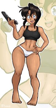 1girl :d abs aiming_up artist_name barefoot black_hair black_sports_bra blue_eyes blush bob_cut breasts cleavage collarbone cz_75 dark-skinned_female dark_skin dated eyelashes full_body gluteal_fold groin gun gunsmith_cats hair_between_eyes hand_on_own_hip handgun highres holding holding_gun holding_weapon initial inverted_bob looking_at_viewer medium_breasts navel no_pants open_mouth outline panties rally_vincent short_hair short_hair_with_long_locks sidelocks signature smile solo sports_bra standing teeth toes toned toned_female trigger_discipline underwear upper_teeth_only videajames wavy_hair weapon white_background white_outline white_panties wide_hips zoom_layer