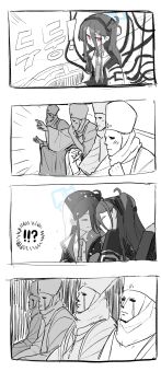 !? kei_(blue_archive) 2girls 4koma absurdres aris_(blue_archive) blue_archive clenched_hands closed_eyes comic commentary_request crying gaijin_4koma_(meme) halo hat highres jacket korean_commentary long_hair looking_at_viewer machine mask meme monochrome multiple_girls necktie purple_eyes school_uniform sitting very_long_hair wire yanggaengwang