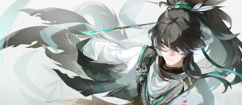 1boy absurdres black_hair chinese_commentary cloak closed_mouth commentary_request green_ribbon grey_eyes hair_ribbon highres huqu_(huqu45712) long_hair looking_at_viewer male_focus qiuyuan_(wuthering_waves) ribbon solo upper_body white_cloak wuthering_waves