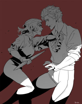 Rule 34 | 1boy, 1girl, astarion, baldur's gate, baldur's gate 3, byuub, dungeons & dragons, dungeons &amp; dragons, fang, greyscale with colored background, imminent stabbing, incoming attack, long hair, pants, poet shirt, pointy ears, red background, short hair, tav (baldur's gate), vampire, wavy hair