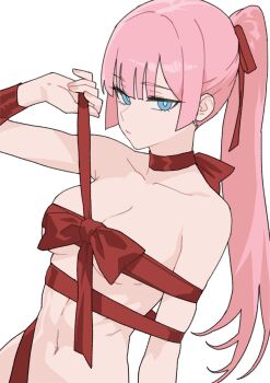 Rule 34 | 1girl, absurdres, anya (uragoner), blue eyes, blue pupils, bound, bound arms, breasts, closed mouth, commentary, english commentary, hair ribbon, hand up, highres, kuso otoko, long hair, looking at viewer, medium breasts, navel, pink hair, ponytail, red ribbon, ribbon, ribbon bondage, simple background, solo, upper body, uragoner, white background