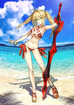 1girl aestus_estus ahoge anklet armpits bare_arms bare_legs bare_shoulders beach bead_anklet bead_bracelet beads bikini blonde_hair blue_sky bracelet breasts cameltoe cleavage closed_mouth cloud contrapposto criss-cross_halter day earrings fate/grand_order fate_(series) full_body green_eyes groin hair_between_eyes hair_intakes halterneck hand_on_hilt hand_up holding holding_sword holding_weapon horizon jewelry large_breasts lens_flare long_hair looking_at_viewer multicolored_bikini multiple_bracelets narrow_waist navel nero_claudius_(fate) nero_claudius_(swimsuit_caster)_(fate) ocean official_art outdoors outstretched_arm platform_clogs platform_sandals red_bikini red_sandals sand sandals side-tie_bikini_bottom sideboob sidelocks sky sling_bikini_top smile solo striped_bikini striped_clothes swimsuit sword third-party_source twintails two-tone_bikini variant_set wada_arco water weapon