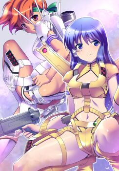 2girls armor ass boots butt_crack dirty_pair gun highres kei_(dirty_pair) missiles missiles_launcher multiple_girls navel weapon yuri_(dirty_pair)