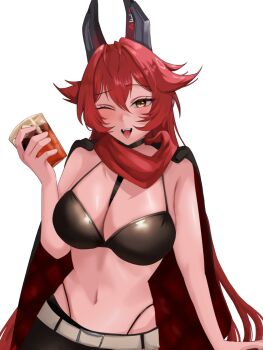 alternate_costume arm_support between_breasts bikini black_bikini black_choker black_jacket blush breasts choker cleavage commentary_request cup drink fangs goddess_of_victory:_nikke hair_between_eyes highres holding holding_cup holding_drink horns jacket jacket_on_shoulders large_breasts leather leather_jacket leather_pants long_hair looking_at_viewer open_mouth pants panty_straps red_hair red_hood_(nikke) red_scarf scarf simple_background smile swimsuit tato0324iti white_background yellow_eyes