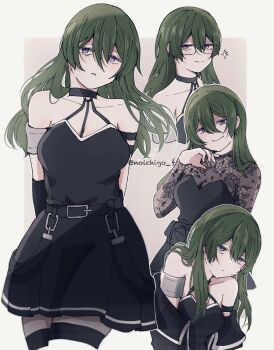 armband arms_behind_back bare_shoulders black_dress black_jacket border breasts cleavage closed_mouth dress glasses green_hair grey_armband grey_background hair_between_eyes halter_dress halterneck highres jacket lace long_hair medium_breasts multiple_views noichigo_f off-shoulder_jacket off_shoulder official_alternate_costume parted_lips purple_eyes smile sousou_no_frieren twitter_username ubel_(sousou_no_frieren) white_background white_border