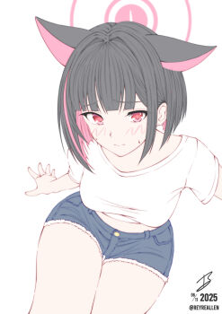 Rule 34 | 1girl, 3:, absurdres, alternate costume, animal ears, bilingual commentary, black hair, blue archive, blunt bangs, blunt ends, blush, bob cut, breasts, casual, cat ears, cat girl, closed mouth, colored inner animal ears, colored inner hair, commentary, cowboy shot, cutoffs, dated, denim, denim shorts, embarrassed, english commentary, extra ears, from above, frown, furrowed brow, hair behind ear, hair intakes, halo, highres, kazusa (blue archive), looking at viewer, medium breasts, midriff, mixed-language commentary, multicolored hair, pink hair, pink halo, realen, red eyes, shirt, short shorts, short sleeves, shorts, signature, simple background, sitting, solo, sweatdrop, t-shirt, thigh gap, thighs, twitter username, two-tone hair, white background, white shirt
