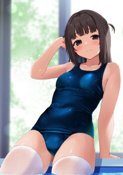 1girl adjusting_hair akishino_yuzuki arms_behind_head artist_request blue_one-piece_swimsuit blunt_bangs blush breasts brown_eyes brown_hair commentary_request covered_navel gluteal_fold hair_lift hand_in_own_hair highres holding holding_own_hair indie_virtual_youtuber leaning_back long_hair looking_at_viewer one-piece_swimsuit partially_submerged pool poolside school_swimsuit see-through_clothes small_breasts smile solo swimsuit thighhighs virtual_youtuber water wet wet_clothes wet_swimsuit wet_thighhighs white_thighhighs