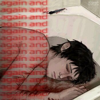 1boy bathtub black_hair blood blood_on_arm boxcutter ch1ckenpretz closed_eyes cry_of_fear curled_up english_text facial_hair frown goatee_stubble highres indoors male_focus partially_submerged self-harm short_hair simon_henriksson solo stubble topless_male upper_body wrist_cutting