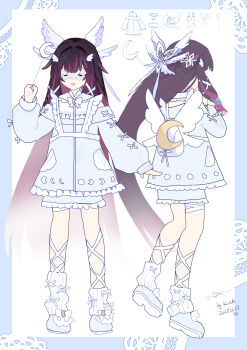 1girl absurdres alternate_costume backpack bag black_hair blue_border blue_dress blue_shoes border chinese_commentary closed_eyes columbina_(genshin_impact) commentary_request crescent dress eye_mask full_body genshin_impact hair_ornament highres holding holding_wand kkkula_(kula) leg_ribbon leg_warmers long_hair long_sleeves mask multicolored_hair multiple_views open_mouth puffy_long_sleeves puffy_sleeves purple_hair ribbon shoes simple_background smile two-tone_hair very_long_hair wand white_background white_leg_warmers white_ribbon wing_hair_ornament x_hair_ornament