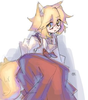 1girl 7kitte absurdres abuse animal_ear_fluff animal_ears apron artist_name bandage_on_face bandages bruise bruised_eye commentary_request detached_sleeves feet_out_of_frame fox_ears fox_girl fox_tail hakama hakama_skirt highres injury japanese_clothes kosode long_skirt long_sleeves lying medium_hair miko no_pupils on_side open_mouth orange_hair pain pleated_skirt red_hakama red_skirt ryona sanpaku scared senko_(sewayaki_kitsune_no_senko-san) sewayaki_kitsune_no_senko-san skirt solo stitched_sleeves tail white_background white_kosode