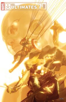 2girls 4boys absurdres alternate_universe ant-man_(series) beard bracer cape captain_america captain_america_(series) comic_cover company_name copyright_logo copyright_name cover cover_page crossed_arms doctor_doom electricity english_text facial_hair fantastic_four hammer hank_pym helmet highres holding holding_hammer holding_shield holding_sword holding_weapon insect_wings janet_van_dyne logo marvel mask miguel_mercado mjolnir_(marvel) multiple_boys multiple_girls official_art parachute realistic reed_richards shield sif_(marvel) superhero_costume sword thor_(marvel) thor_(marvel)_(series) wasp_(marvel) weapon white_background wings yellow_theme