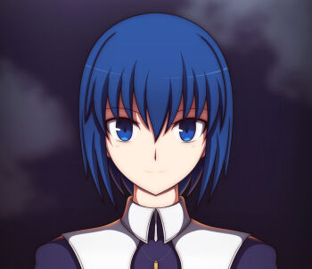 1girl absurdres black_dress blue_eyes blue_hair ciel_(tsukihime) cross dress highres looking_at_viewer nun sakurello short_hair smile solo tsukihime tsukihime_(remake) upper_body