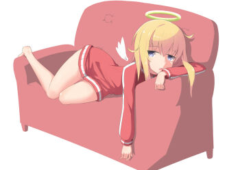 angel_wings blonde_hair blue_eyes couch gabriel_dropout gabriel_tenma_white halo lying red_sweater sakepirafu slouching solo striped_clothes striped_sweater sweater white_background wings yellow_halo