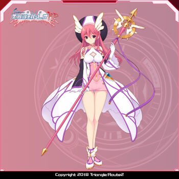 1girl bare_legs bare_shoulders breasts cleavage cleavage_cutout clothing_cutout copyright_name detached_sleeves dress en_ciel_rena en_ciel_rena_(magius) full_body gloves hat head_wings holding holding_staff kourin_tenshi_en_ciel_rena long_hair looking_at_viewer magical_girl medium_breasts official_art pink_background pink_eyes pink_hair red_eyes saitou_natsuki shoes skirt solo staff standing suhamaya thigh_gap tomoe_rena white_gloves wide_sleeves wings