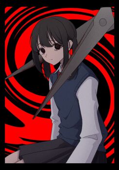 1girl 3se3es3 black_border black_hair black_skirt blood blood_on_scissors blue_sweater_vest border closed_mouth highres long_sleeves looking_at_viewer original oversized_clothes raised_inner_eyebrows ringed_eyes scissors sidelocks sitting skirt solo spiral_background sweater_vest swept_bangs twintails