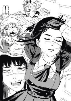 1boy 2girls chainsaw_man choso_(jujutsu_kaisen) choso_(jujutsu_kaisen)_(cosplay) closed_eyes commentary_request cosplay denji_(chainsaw_man) gloves hand_in_own_hair highres horns k.rikina long_hair long_sleeves looking_at_viewer meme mene monochrome multiple_girls naoya_hitting_choso_without_looking_(meme) open_mouth power_(chainsaw_man) punching sharp_teeth shirt short_sleeves skirt smile symbol-shaped_pupils teeth tongue upper_teeth_only yoru_(chainsaw_man)