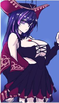 1girl azur_lane black_dress breasts cleavage closed_mouth dress hat jewelry large_breasts long_hair looking_at_viewer multicolored_hair pink_hair pink_streaks pirate_hat purple_eyes purple_hair queen_anne&#039;s_revenge_(azur_lane) shima080 sketch solo