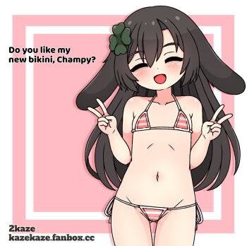 1girl 2kaze animal_ears artist_name bikini blush breasts brown_hair closed_eyes clover_hair_ornament double_v english_text gluteal_fold groin hair_ornament highres indie_virtual_youtuber kiyomi_pyon-pyon loli long_hair lop_rabbit_ears lowleg lowleg_bikini micro_bikini navel open_mouth pink_background rabbit_ears rabbit_girl side-tie_bikini_bottom simple_background small_breasts smile solo stomach striped_bikini striped_clothes swimsuit thigh_gap thighs v virtual_youtuber