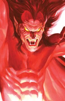 1boy abs absurdres alex_ross arms_up cape colored_sclera colored_skin comic_cover cover cover_page demon_boy fangs highres looking_at_viewer male_focus marvel medium_hair mephisto_(marvel) no_pupils obliques official_art open_mouth pointy_ears red_cape red_hair red_skin red_theme solo topless_male western_comics_(style) white_background widow's_peak wrinkled_skin yellow_sclera