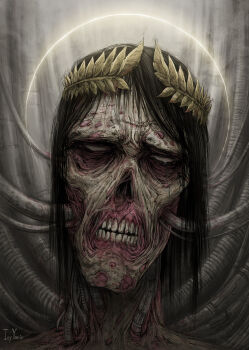 1boy artist_name black_hair corpse crying dark decay decaying_skin emperor_of_mankind fantasy glowing glowing_halo halo highres icyymir industrial_pipe laurel_crown laurels medium_hair no_mouth no_nose no_pupils rotting sad signature teardrop teeth tube warhammer_40k white_halo