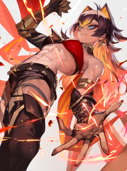 1girl abs antenna_hair bare_shoulders belt black_belt black_pants blue_eyes breasts brown_hair clawed_gauntlets commentary_request cowboy_shot dehya_(genshin_impact) earrings fingerless_gloves gauntlets genshin_impact gloves grin hair_intakes highres jewelry lack large_breasts long_hair looking_at_viewer making-of_available midriff muscular muscular_female pants pointy_hair single_fingerless_glove single_gauntlet single_glove smile solo standing stomach very_long_hair