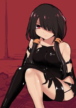 1girl absurdres black_hair breasts date_a_live highres long_hair medium_breasts red_eyes sitting solo thighs tokisaki_kurumi twintails