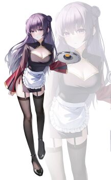 1girl absurdres apron asahina_mafuyu black_dress black_shoes blush breasts brown_thighhighs chinese_clothes cleavage cleavage_cutout closed_mouth clothing_cutout commentary double_bun dress frilled_apron frills full_body hair_bun highres holding holding_tray large_breasts long_hair long_sleeves looking_at_viewer maid project_sekai purple_eyes purple_hair qi_maid ren0121 shoes simple_background standing symbol-only_commentary thighhighs tray waist_apron white_apron white_background zoom_layer