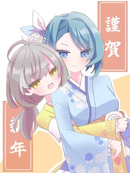 >:) 2girls :d ahoge aizawa_kazuha assault_lily blue_eyes blue_hair blue_kimono blue_ribbon blush closed_mouth commentary floral_print flower frilled_kimono frills grey_hair hair_flower hair_ornament hair_ribbon hairclip happy_new_year head_on_another's_shoulder heads_together highres hug hug_from_behind japanese_clothes kimono long_sleeves looking_at_viewer multicolored_hair multiple_girls nengajou new_year nogamo official_alternate_costume open_mouth orange_flower parallel_hairclips print_kimono purple_flower ribbon sasaki_ran smile streaked_hair translated two-tone_background upper_body v-shaped_eyebrows white_flower white_ribbon wide_sleeves yellow_background yellow_eyes yellow_kimono