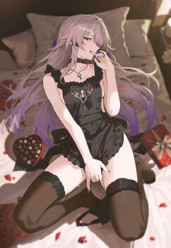 Rule 34 | 1girl, absurdres, apron, black panties, black thighhighs, box, breasts, chocolate, closed mouth, commentary, female masturbation, fingering, fingernails, from above, gift, gift box, gradient hair, grey hair, hand up, heart-shaped box, herta (honkai: star rail), highres, honkai: star rail, honkai (series), jewelry, key, key necklace, lace, lace-trimmed thighhighs, lace trim, looking at viewer, lying, masturbation, multicolored hair, nail polish, naked apron, necklace, no shoes, nvl, on back, on bed, panties, panties around leg, panty pull, petals, pillow, purple eyes, purple hair, purple nails, pussy juice stain, red petals, sideways glance, small breasts, smile, solo, the herta (honkai: star rail), thighhighs, thighs, turning head, twitter username, underwear